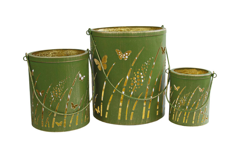 Laternen 3er Set Gräser | Olivegrün & Gold | Metall | Bis 20×23 cm | 08724