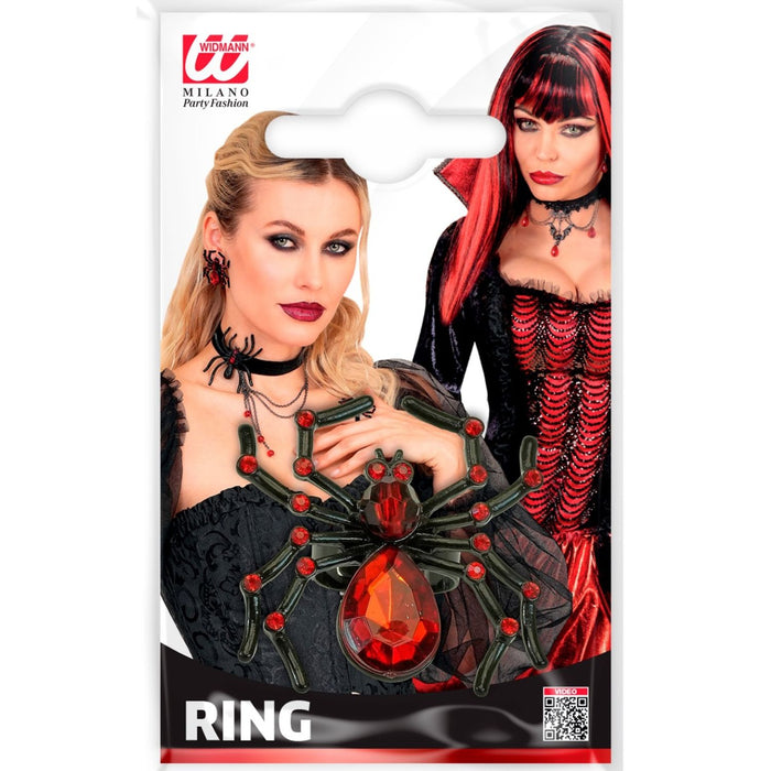 Spinnenring mit Edelstein & Strass | Schwarz/Rot