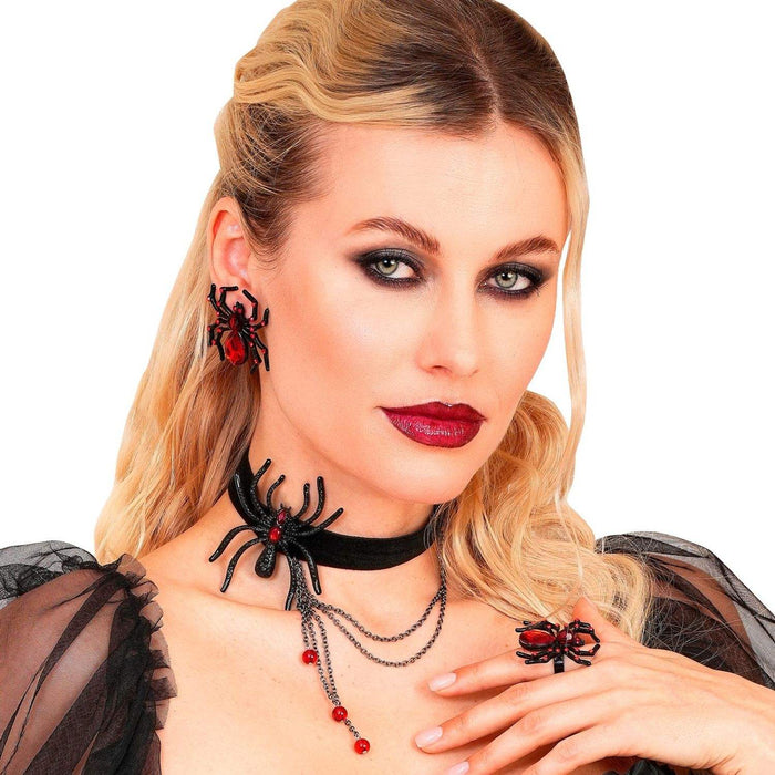 Spinnenring mit Edelstein & Strass | Schwarz/Rot