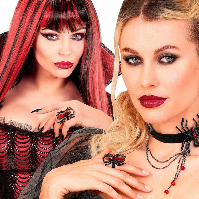 Spinnenring mit Edelstein & Strass | Schwarz Rot