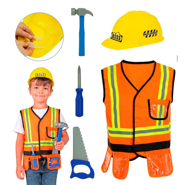 Bauarbeiter Kostüm für Kinder | Orange - Weste Helm Werkzeug