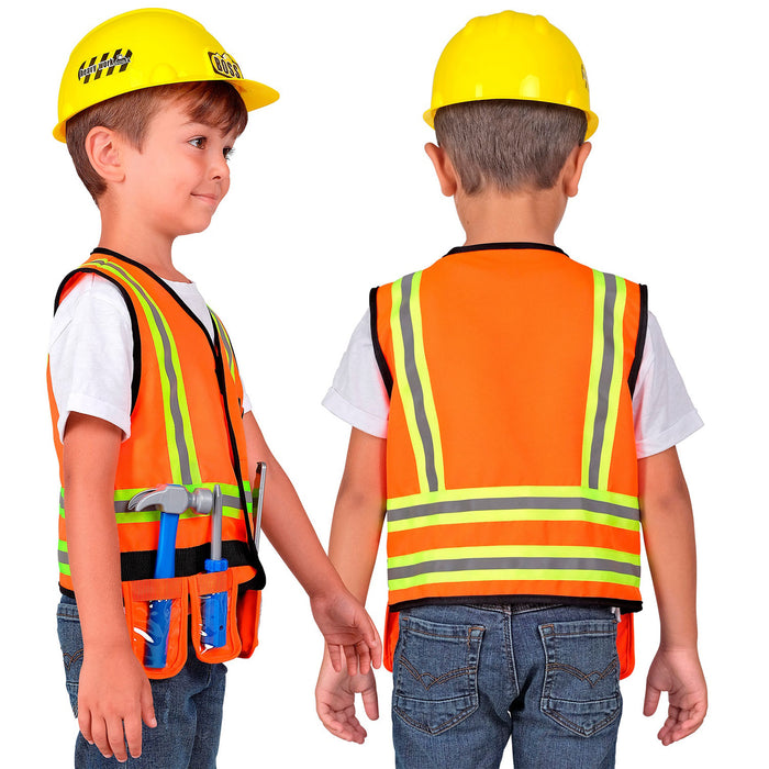 Bauarbeiter Kostüm für Kinder | Orange - Weste Helm Werkzeug
