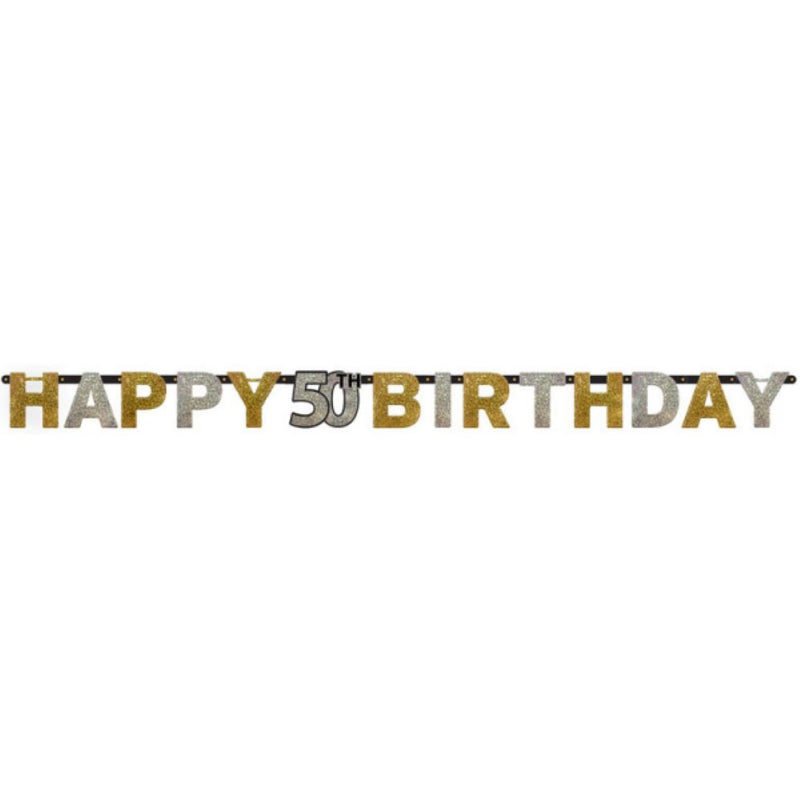 Buchstabengirlande Happy Birthday Silber/Gold Glitzer 50