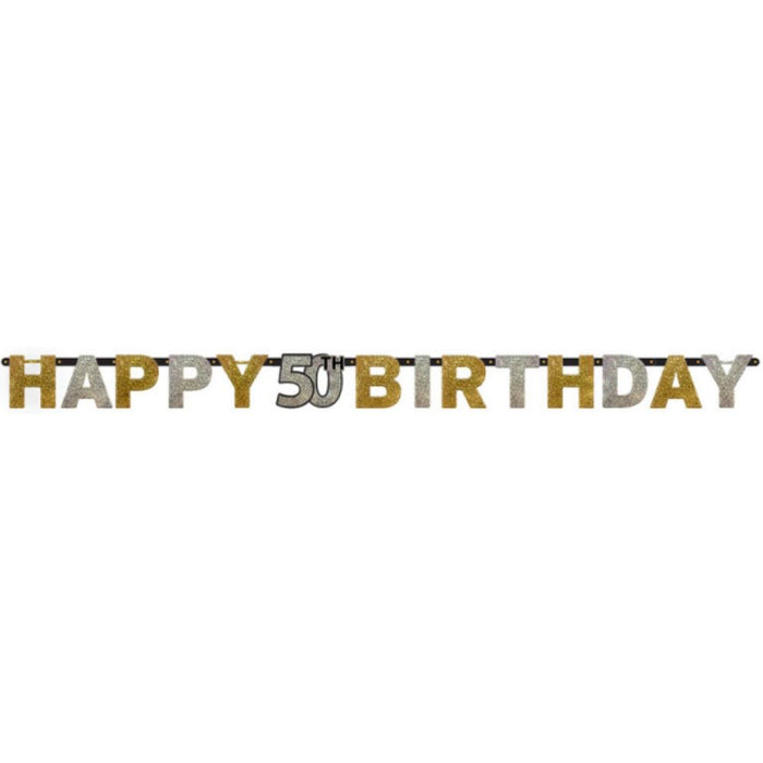 Buchstabengirlande Happy Birthday Silber/Gold Glitzer 50
