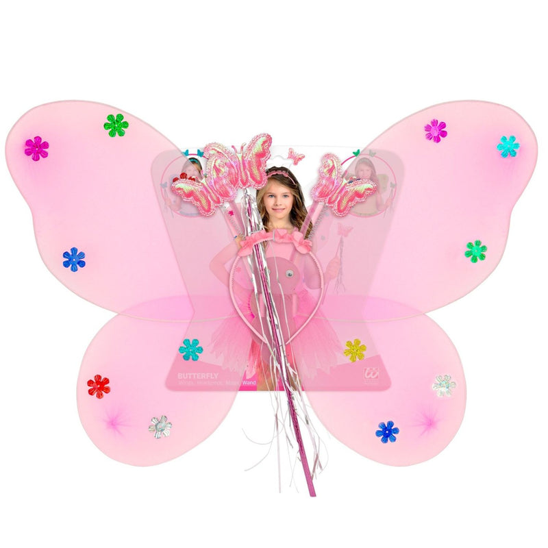 Schmetterlings-Set 3-tlg. Haarreif, Flügel und Zauberstab | Rosa