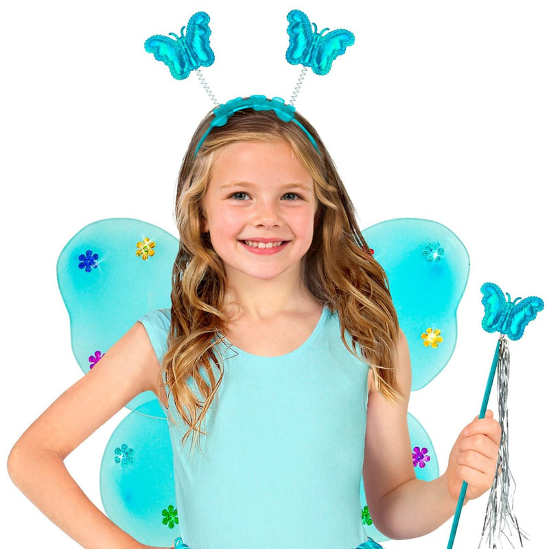 Schmetterlings-Set 3-tlg. Haarreif, Flügel und Zauberstab | Blau