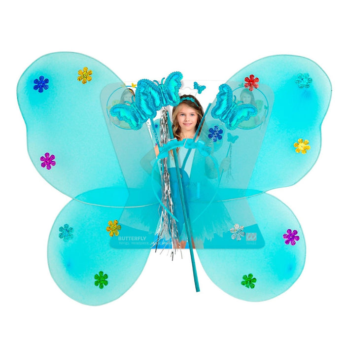 Schmetterlings-Set 3-tlg. Haarreif, Flügel und Zauberstab | Blau