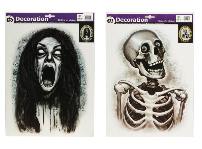 Halloween Fensterbild "Lachendes Skelett | Schreiende Frau" - 29 x 40 cm | Varianten Deko