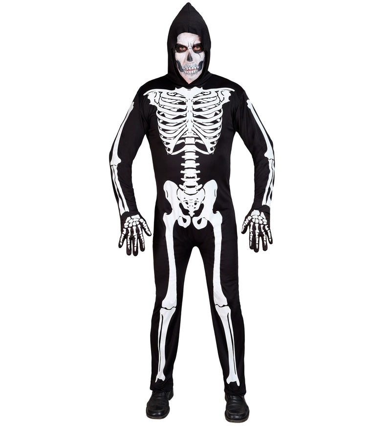 Skelett Kostüm für Erwachsene | Overall mit Kapuze, Neon, leuchtet unter UV-Licht