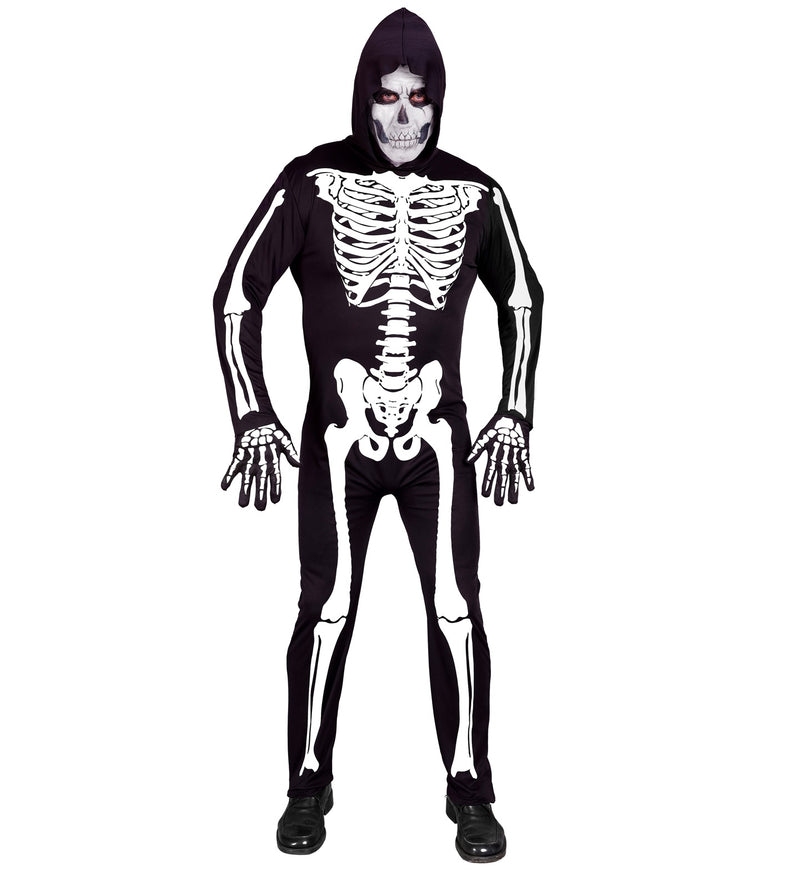 Skelett Kostüm für Erwachsene | Overall mit Kapuze, Neon, leuchtet unter UV-Licht