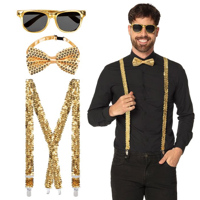 Pailletten Partyset für Erwachsene | Gold - Hosenträger, Brille und Fliege