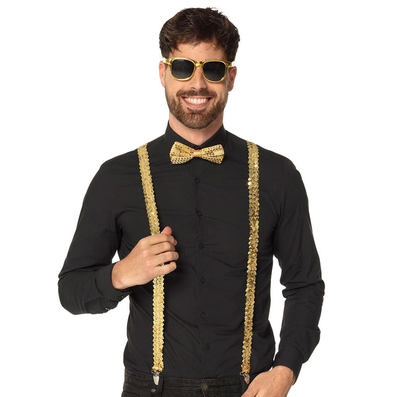 Pailletten Partyset für Erwachsene | Gold - Hosenträger, Brille und Fliege
