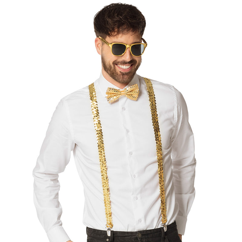 Pailletten Partyset für Erwachsene | Gold - Hosenträger, Brille und Fliege