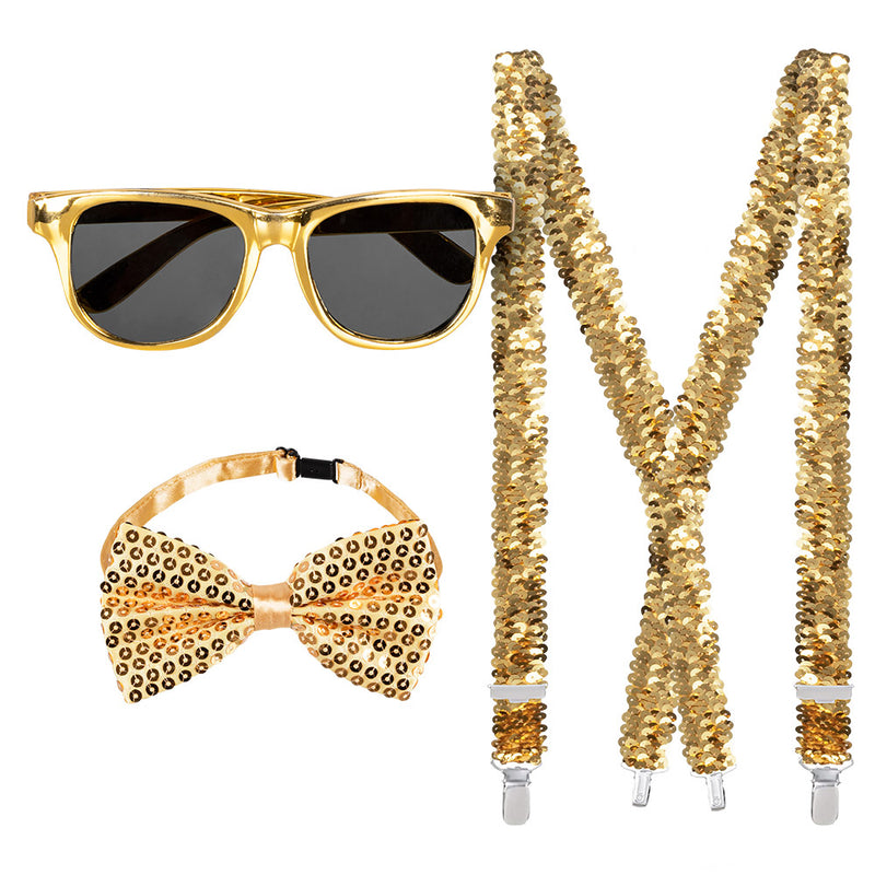 Pailletten Partyset für Erwachsene | Gold - Hosenträger, Brille und Fliege