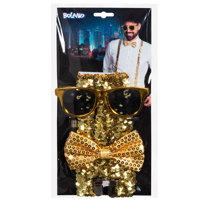 Pailletten Partyset für Erwachsene | Gold - Hosenträger, Brille und Fliege