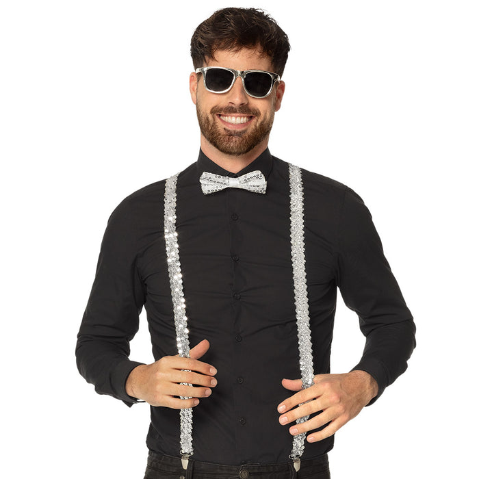 Pailletten Partyset für Erwachsene - 13486 | Silber - Hosenträger, Brille und Fliege