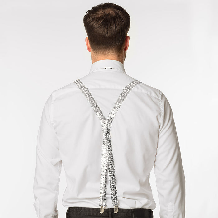 Pailletten Partyset für Erwachsene - 13486 | Silber - Hosenträger, Brille und Fliege