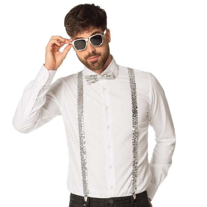 Pailletten Partyset für Erwachsene - 13486 | Silber - Hosenträger, Brille und Fliege