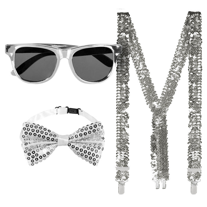 Pailletten Partyset für Erwachsene - 13486 | Silber - Hosenträger, Brille und Fliege