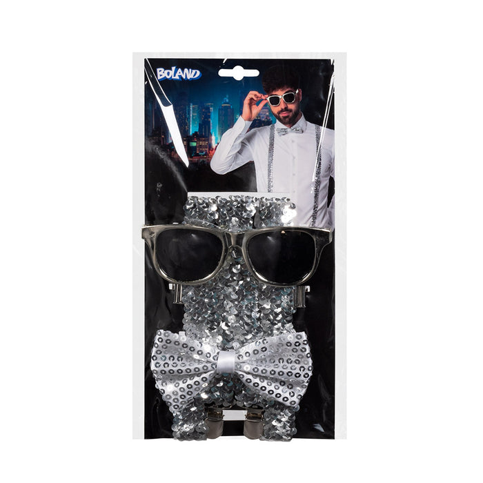 Pailletten Partyset für Erwachsene - 13486 | Silber - Hosenträger, Brille und Fliege