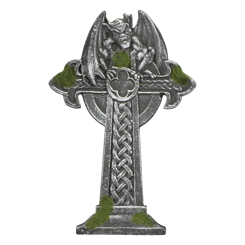 Grabstein in Kreuzform mit Teufelsfigur 36 x 2,5 x 55 cm | Grau Halloween Dekoration