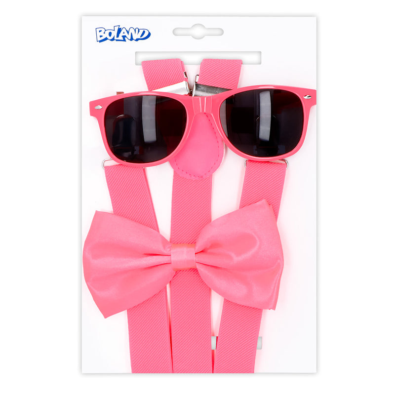Partyset Hosenträger, Brille und Fliege | Neon Pink