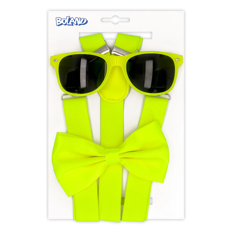 Partyset Hosenträger, Brille und Fliege | Neon Gelb