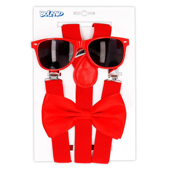 Partyset Hosenträger, Brille und Fliege | Rot