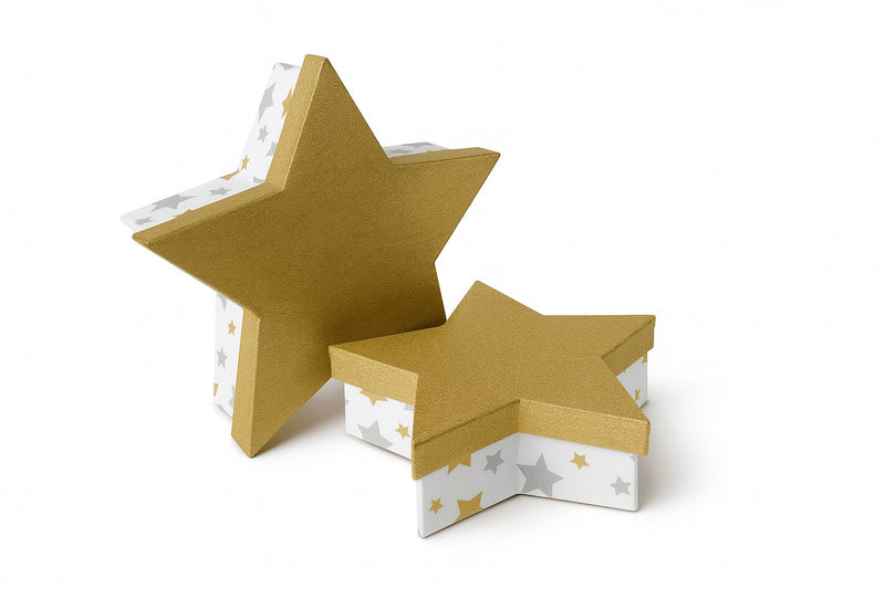 Riffelmacher Geschenkbox 2er Set | Sternform mit Deckel | Gold & Weiß mit Sternenmuster | Aus Pappe | ca. 19 x 55cm - Deko & Geschenkverpackung - 14869