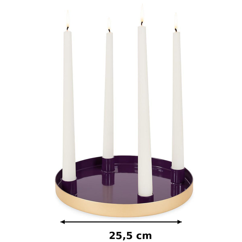 Advents-Tablett mit 4 Kerzenhaltern | Lila Gold Metall 25,5×2 cm | 15866