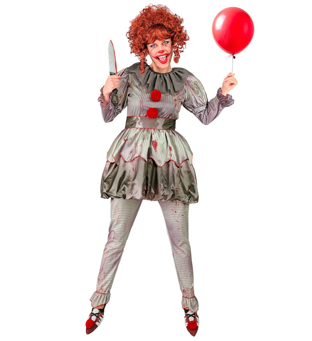 Kostüm "Killer Clown" für Damen | Grau mit Blutspritzern