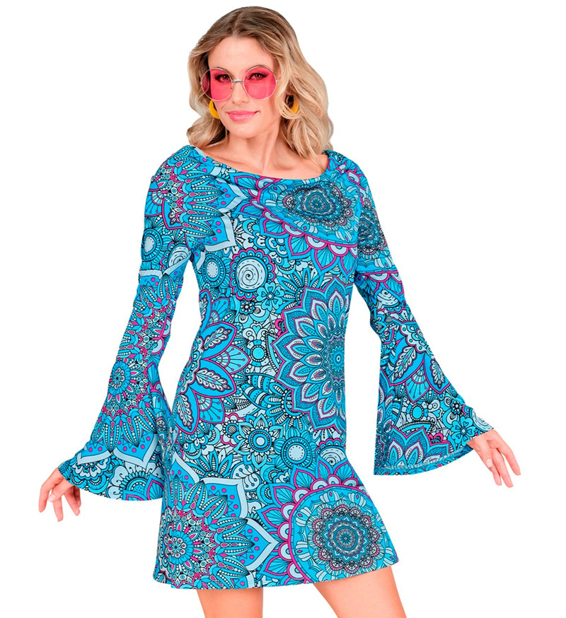 Retro Damen Kleid "Mandala" | Blau - Kostüm 60er 70er Jahre