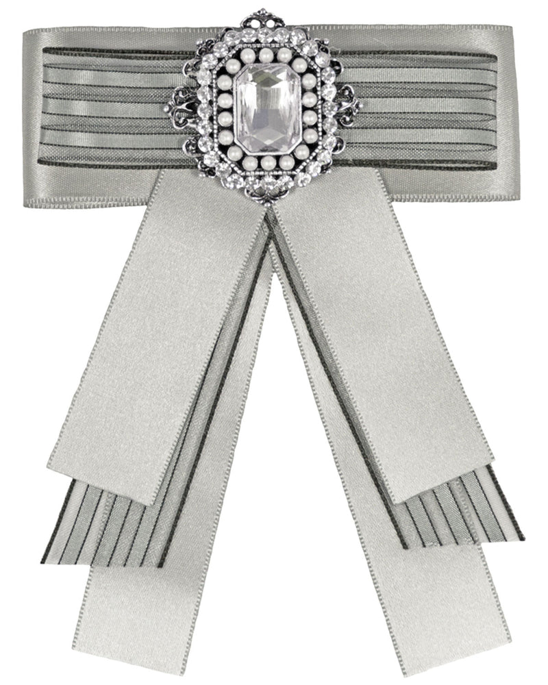 Brosche Barock Schleife mit Streifen und Schmuckstein - Grau