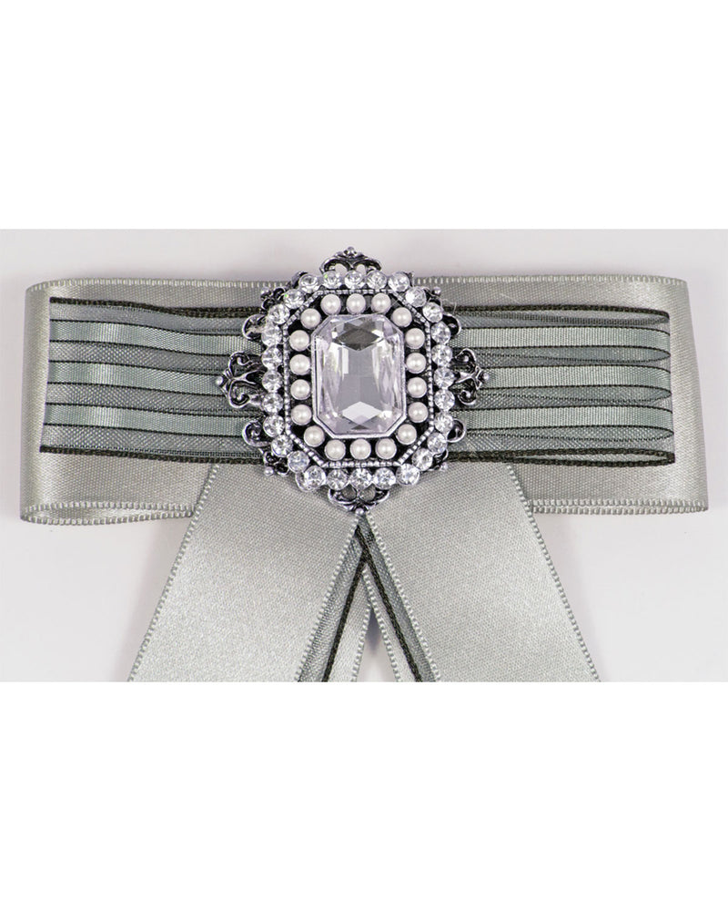 Brosche Barock Schleife mit Streifen und Schmuckstein - Grau