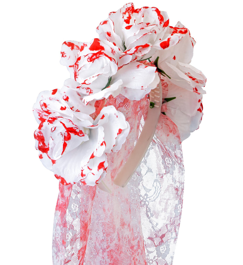Halloween "Blutiger Brautschleier" | Weiß Rot - Haarreif mit Blumen