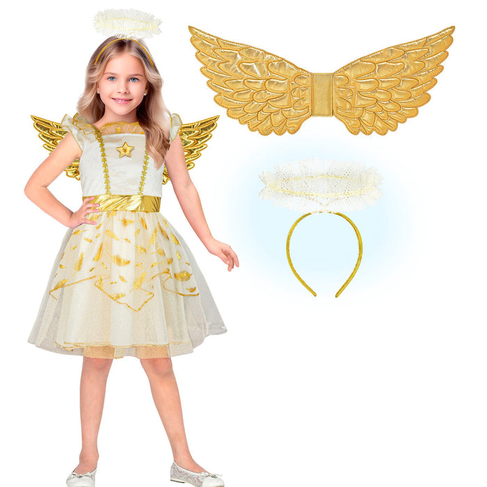 Kostüm "Engel" für Kinder Weiß Gold | Kleid, Flügel und Heiligenschein