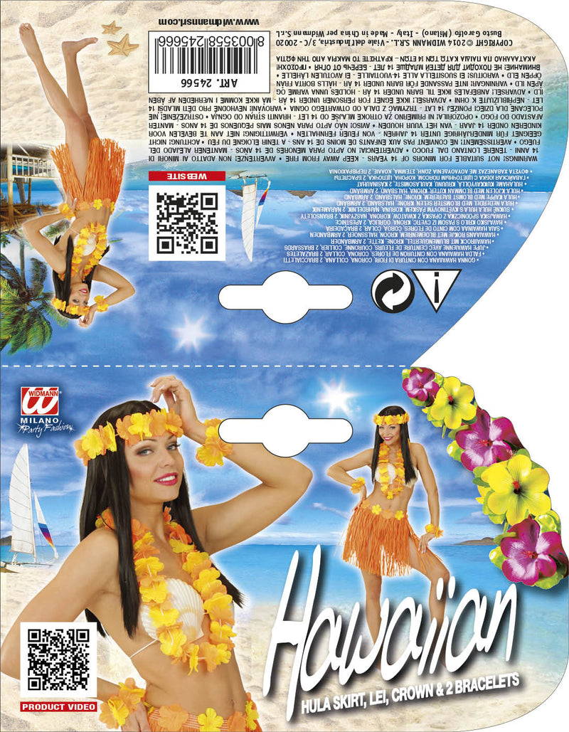 Hawaii-Set Bastrock mit Blumengürtel, Halskette, Stirnband, 2 Armbänder | Orange/Gelb
