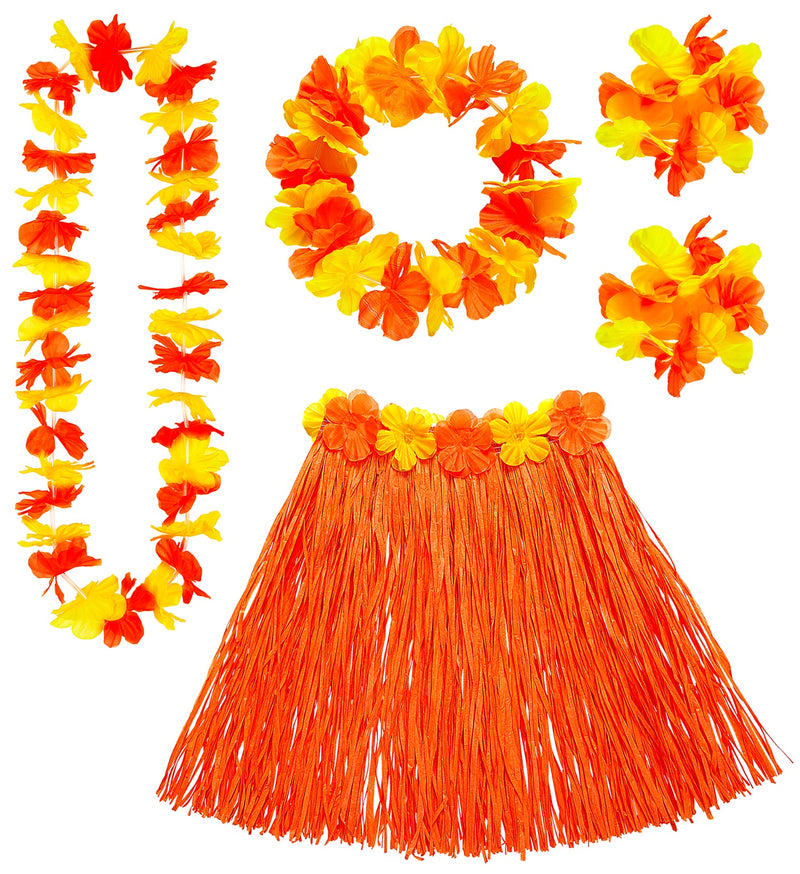 Hawaii-Set Bastrock mit Blumengürtel, Halskette, Stirnband, 2 Armbänder | Orange/Gelb