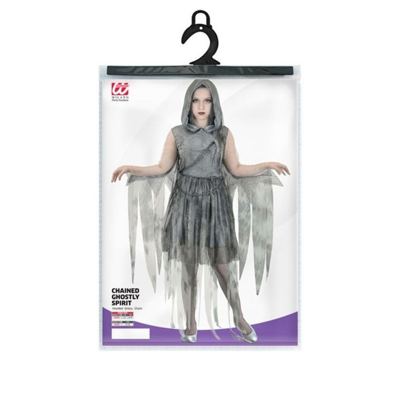 Kostüm "Ghostly Spirit in Ketten" für Mädchen | Kleid mit Kapuze und Kette - Grau