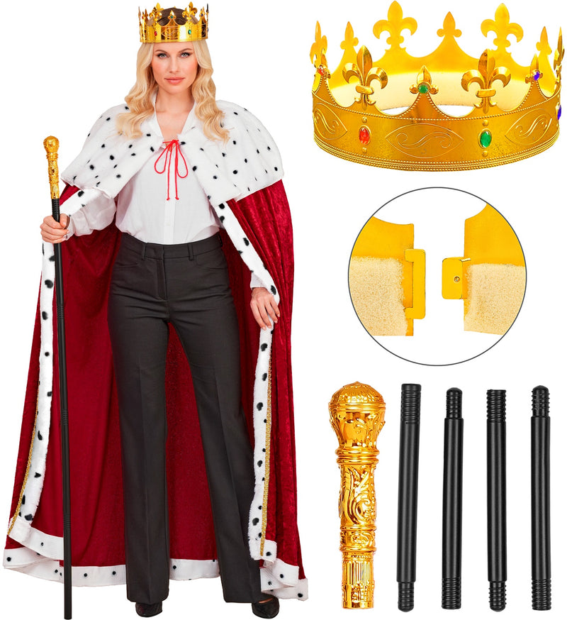 König oder Königin Kostüm Set | Umhang, Krone, Zepter
