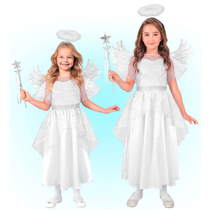 Kostüm "Engel" für Kinder | Weiß Silber | Kleid, Flügel und Heiligenschein
