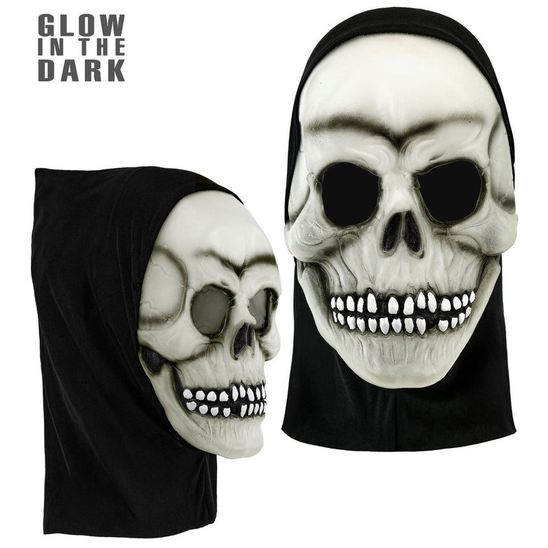Halloween Maske "Totenkopf mit Kapuze" im Dunkeln leuchtend | Weiß Schwarz
