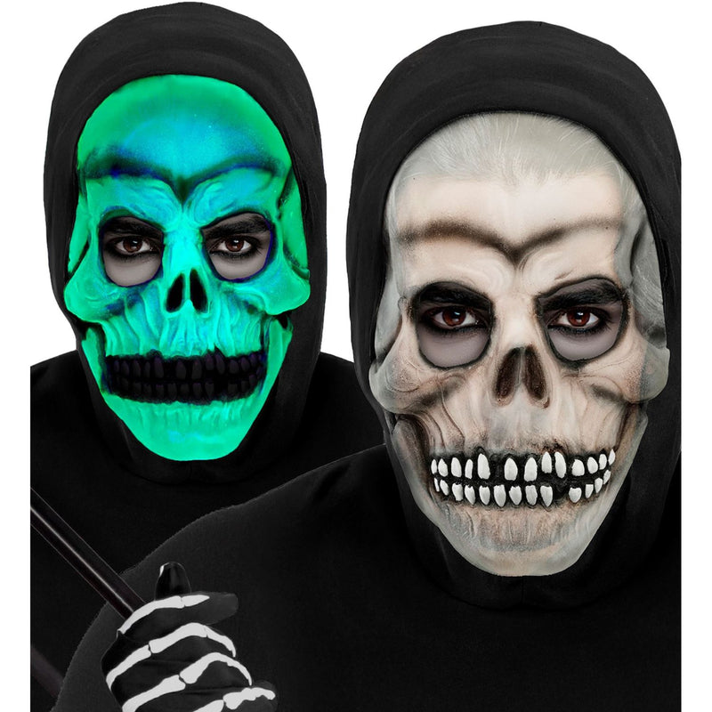 Halloween Maske "Totenkopf mit Kapuze" im Dunkeln leuchtend | Weiß Schwarz