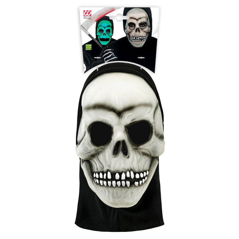 Halloween Maske "Totenkopf mit Kapuze" im Dunkeln leuchtend | Weiß Schwarz