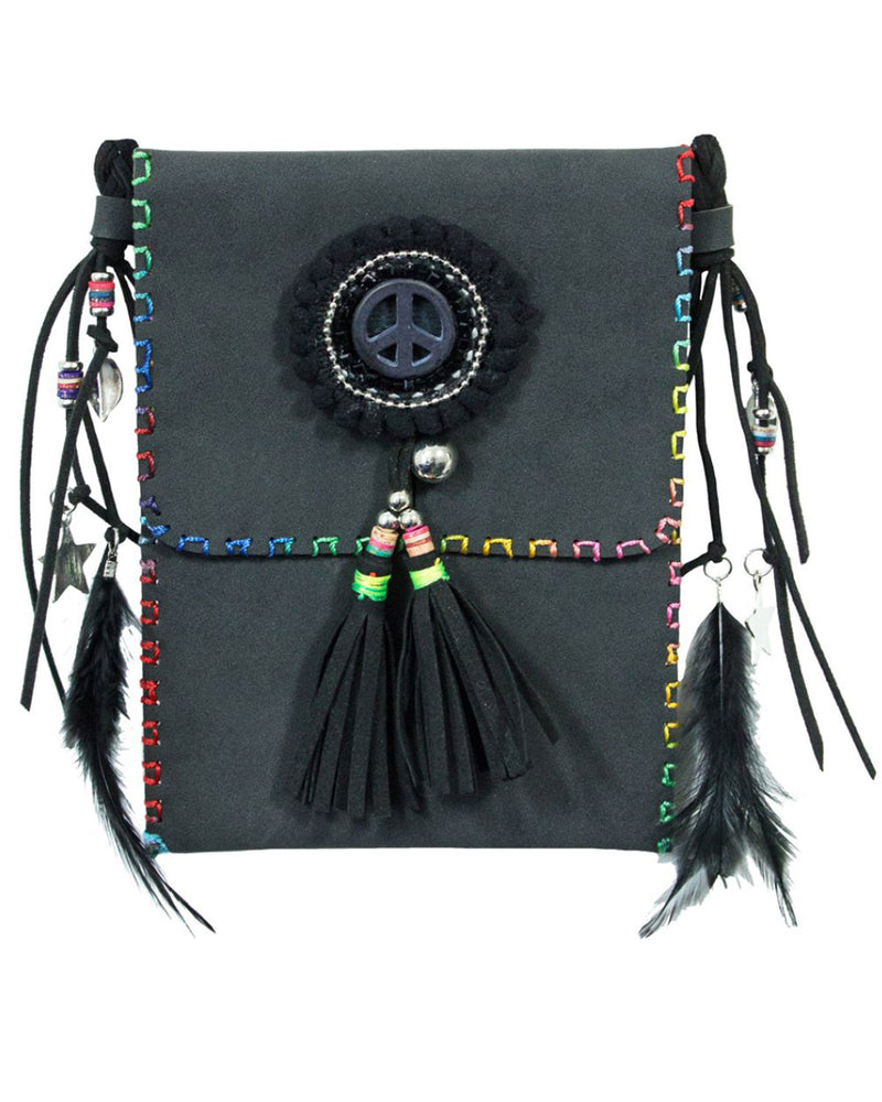 Ethno Damen Umhängetasche mit Federn und Fransen - Schwarz