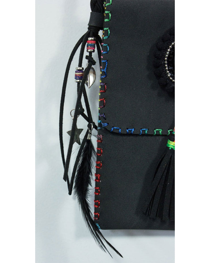 Ethno Damen Umhängetasche mit Federn und Fransen - Schwarz