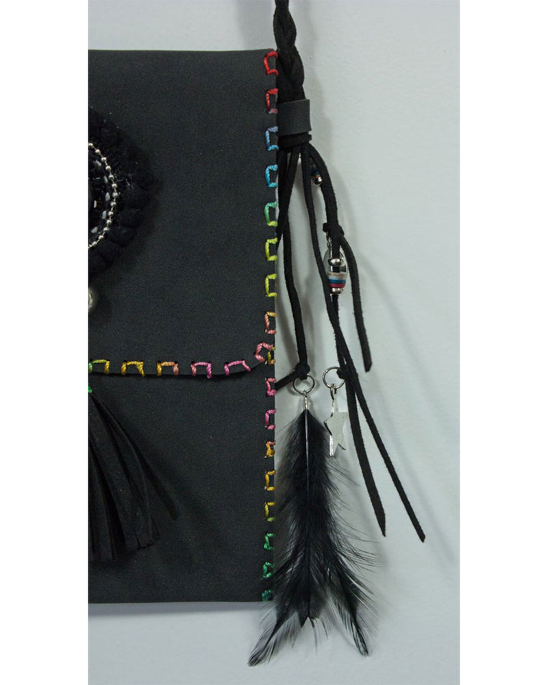 Ethno Damen Umhängetasche mit Federn und Fransen - Schwarz