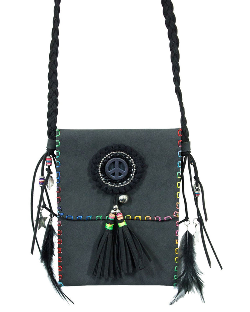 Ethno Damen Umhängetasche mit Federn und Fransen - Schwarz