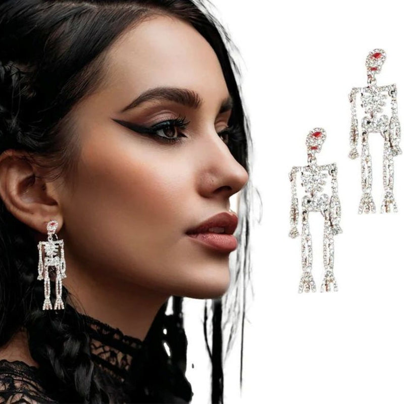 Skelett Ohrringe mit Glitzersteinen | Silber 5 cm