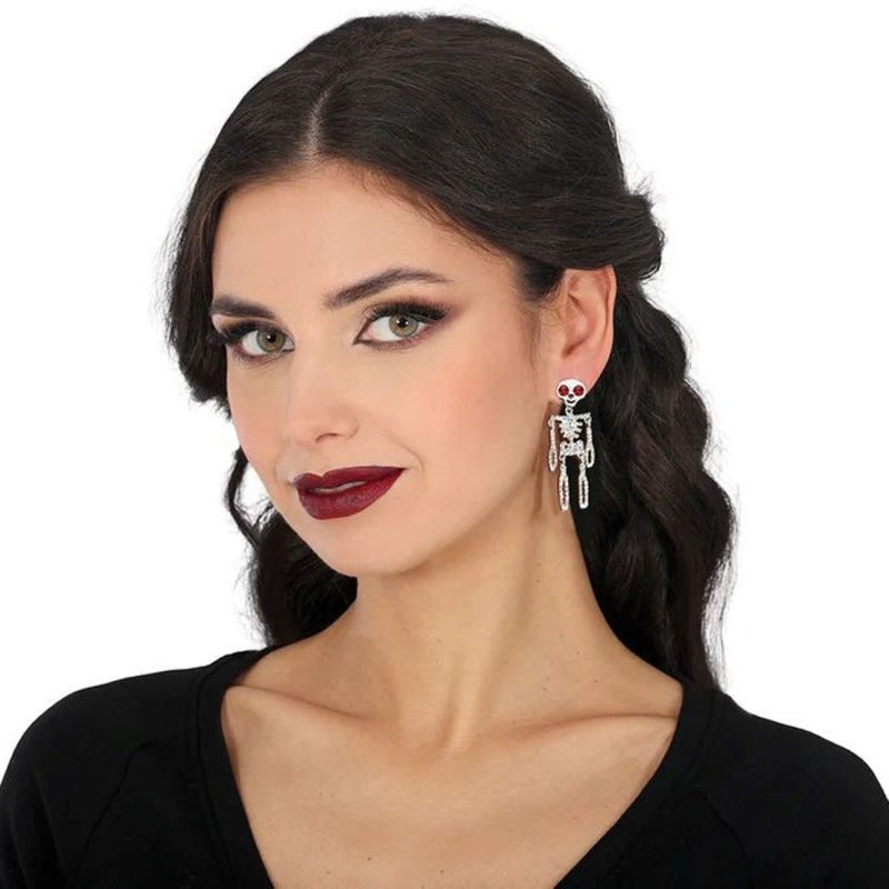 Skelett Ohrringe mit Glitzersteinen | Silber 5 cm